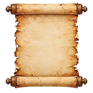 May include: A blank, aged parchment scroll with a weathered, cracked texture and uneven, frayed edges. The paper is light tan and beige, rolled at the top and bottom around two dark bronze-colored cylindrical rods with ornate, rounded finials.