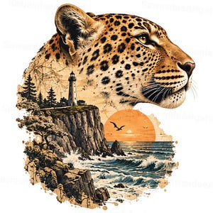 May include: A graphic illustration featuring the profile of a spotted leopard head integrated with a coastal scene. The landscape includes a lighthouse on a rocky cliff, pine trees, a sunset over the ocean, and birds flying above the waves.