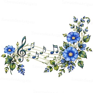 Könnte beinhalten: Eine dekorative Illustration mit einem Violinschlüssel und Noten, die in leuchtend blaue Blumen und grüne Blätter eingebettet sind. Die Komposition verläuft horizontal, wobei Blumenarrangements das Notensystem an beiden Enden einrahmen.