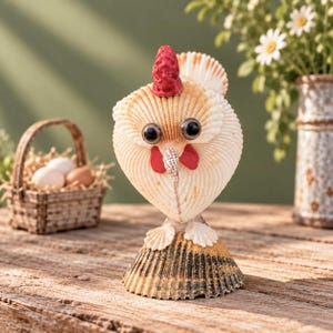 May include: A decorative figurine of a chicken crafted from various seashells. The body is made of light-coloured ribbed shells, featuring a red shell comb and wattle, black bead eyes, and a small pointed shell beak, standing on a dark-striped shell base.