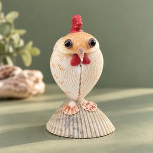 May include: A decorative figurine crafted from natural seashells, shaped like a chicken. The body is a large, ribbed, light-colored shell with a red painted comb and wattle, black bead eyes, and a small shell beak, mounted on a conical shell base.