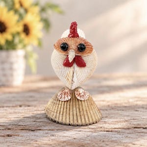 May include: A decorative figurine shaped like a chicken, constructed entirely from various natural seashells. The head features two black bead eyes, a red painted comb, and a red wattle. The body is made of a large, fan-shaped shell base.