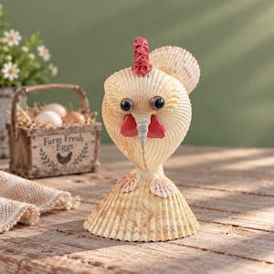May include: A decorative figurine shaped like a chicken, constructed entirely from various off-white and tan seashells. It features a red textured comb, a red wattle, and two small black bead eyes. The base is a large, wide, fan-shaped seashell.