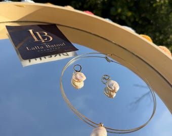 Baroque Pearl Choker Necklace and Earrings Set – Gold Tone Chain Jewelry