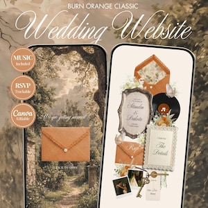Könnte beinhalten: Zwei Smartphone-Bildschirme zeigen eine digitale Hochzeits-Website-Vorlage in gebranntem Orange. Die Bildschirme enthalten Text, darunter "BURN ORANGE CLASSIC Wedding Website," "We are getting married!," "CLICK TO OPEN," "Standen & Dakota," "RSVP," "The Details," und "Our Love Story."
