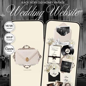 May include: A digital wedding website template featuring a cream-colored interface with black and white accents. The design includes an envelope with a wax seal, a vinyl record, floral arrangements, and text reading Black Ivory Old Money Vintage.