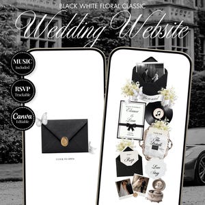 May include: Two smartphone screens displaying a black and white floral wedding website template. The left screen shows a black envelope with a gold seal. The right screen features wedding invitation details, RSVP cards, photos, and the text Eleanor & Liam.
