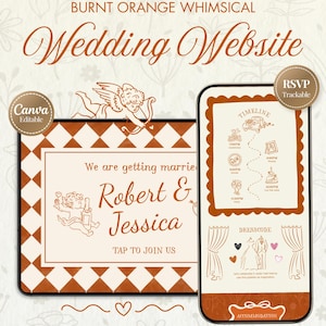 Puede incluir: Una plantilla de sitio web de bodas digital con un esquema de color naranja quemado y crema con un borde a cuadros. El diseño incluye ilustraciones de querubines, una línea de tiempo de eventos y texto que dice Robert & Jessica, RSVP y Accommodation.