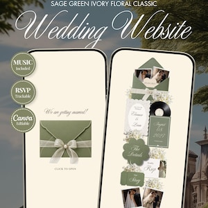 May include: Two smartphone screens displaying a sage green and ivory wedding website template. The interface features an envelope graphic, floral accents, photo placeholders, and text including "We are getting married" and "Eleanor & Liam".