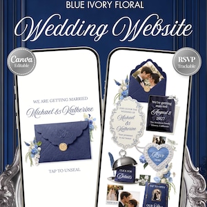 Può includere: Due schermi di smartphone che mostrano un modello di sito web per matrimoni con motivi floreali blu e avorio. Gli schermi presentano testi come Michael & Katherine, We Are Getting Married, August 8 2027 e RSVP. Il design include buste blu, accenti floreali e pulsanti con le etichette Tap to Unseal, Click for Details e Our Story.