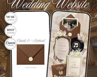 Ivory & Brown Wedding Website Template with RSVP, Music and Countdown Timer | Canva Editable Template (Digital Download)