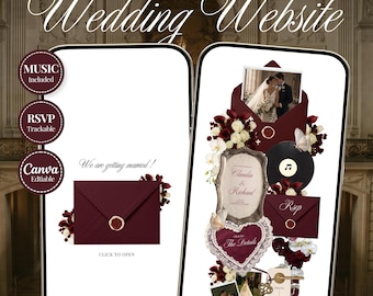 May include: A digital wedding website template featuring a burgundy floral theme displayed on two smartphone screens. The design includes interactive elements like a wax-sealed envelope, a vinyl record icon, and text reading Claudia & Richard.