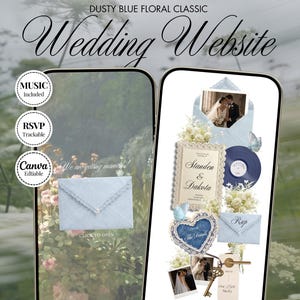 May include: Two smartphones displaying a dusty blue floral wedding website template. The screens feature text including "Dusty Blue Floral Classic," "Wedding Website," "Standen & Dakota," "Rsvp," and "Our Love Story," alongside images of envelopes, a vinyl record, and a vintage key.