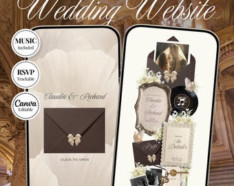 May include: Two smartphone screens displaying an espresso brown and ivory floral wedding website template. The interface features text reading Claudia & Richard, RSVP, and The Details, alongside graphics of envelopes, a vintage key, and photos.