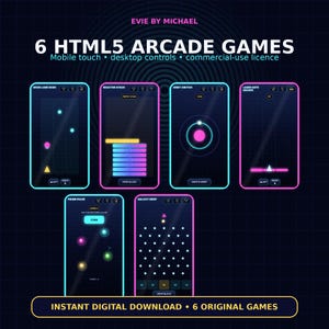 6 Neon HTML5 Arcade Games Bundle, Mobile Touch, Commercial Use (Digital Download)