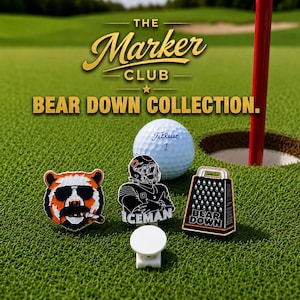 May include: Three enamel golf ball markers and a white magnetic clip. One marker features a bear with sunglasses and a cigar, one shows a football player with the text ICEMAN, and one is a black grater shape with the text BEAR DOWN.