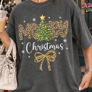 Merry Christmas T-Shirt, Leopard Print Letters and Bow Tee, Christmas Tree Sweatshirt WH00170