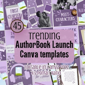 Puede incluir: Una colección de plantillas para redes sociales con temática morada para lanzamientos de libros, con texto como Trending AuthorBook Launch Canva templates, First Chapter Reveal, Meet Characters y Playlist, con espacios reservados para fotos.