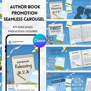 May include: A digital template set for author book promotion featuring a seamless carousel design on a blue background. Elements include notebooks, calendars, silhouettes of a couple, headphones, and white tulips with text overlays like Author Book Promotion.