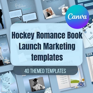 May include: A collection of digital marketing templates for a hockey romance book launch, featuring blue-toned layouts with various graphic elements, including silhouettes of a couple, a calendar page, and placeholders for text and images.