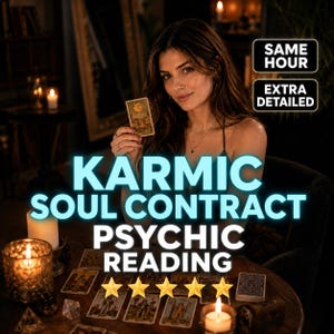 Könnte beinhalten: Ein psychischer Lesedienst mit dem Text SAME HOUR und EXTRA DETAILED in schwarzen Kästen, dem Haupttitel KARMIC SOUL CONTRACT PSYCHIC READING in großen blauen Buchstaben, fünf gelben Sternen und einer Person, die eine Tarotkarte hält.