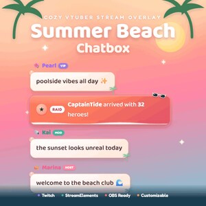 May include: A digital stream overlay featuring a summer beach theme with a chatbox interface. The design includes rounded white and coral message bubbles, palm tree silhouettes, a sun, and text reading Cozy Vtuber Stream Overlay Summer Beach Chatbox.