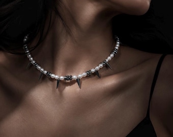 Collier ras de cou fait main avec pointes de fausses perles et perles d'hématite - Bijoux tendance
