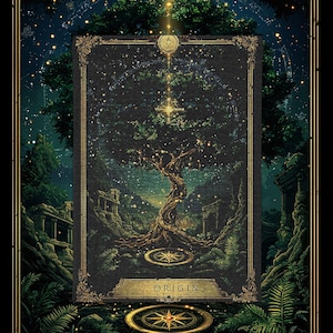 May include: A rectangular wall art print featuring a central twisted tree with glowing golden leaves against a dark starry night sky. The image is framed by an ornate gold border and includes the word ORIGIN printed on a gold plaque at the bottom.