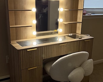 LED Make-up Schminktisch mit Spiegel, Hollywood Schminktisch mit Beleuchtung, Steckdose, USB-Anschluss, Schubladen, Schlafzimmer Waschtisch