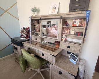 Farmhouse Makeup Vanity Desk with Lighted Mirror, Storage Shelves, Outlet Station