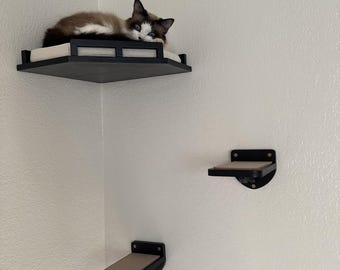 Corner Cat Wall Shelf with Cushion, Cat Wall Steps Set, Modern Cat Furniture, Floating Cat Bed, Wooden Cat Climbing Shelves