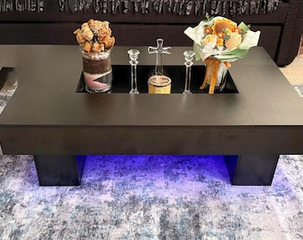 Modern Rustic Coffee Table with Decorative Center Tray, Walnut Wood Coffee Table, Farmhouse Living Room Table, Rectangle Table