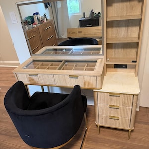Modern LED Makeup Vanity Desk, Wood Dressing Table with Drawers, Shelves
