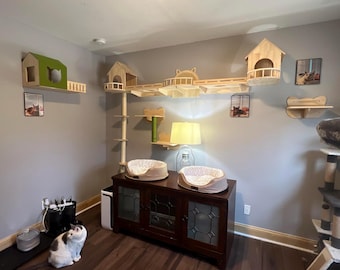 Conjunto de muebles de pared para gatos, árbol para gatos de pared con puente, casita para gatos, poste rascador y estantes, parque de juegos moderno para gatos.