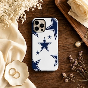 May include: A white smartphone case featuring a repeating pattern of dark blue five-pointed stars of varying sizes. The case has a cutout for a triple-lens camera system on the upper left side and a smooth, matte finish across the entire surface.