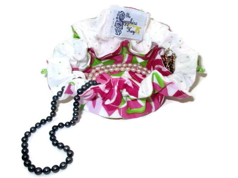 Lime Green Hot Pink Pinwheels with Green and Pink Polka Dot Flannel Drawstring Travel Jewelry Pouch Satchel