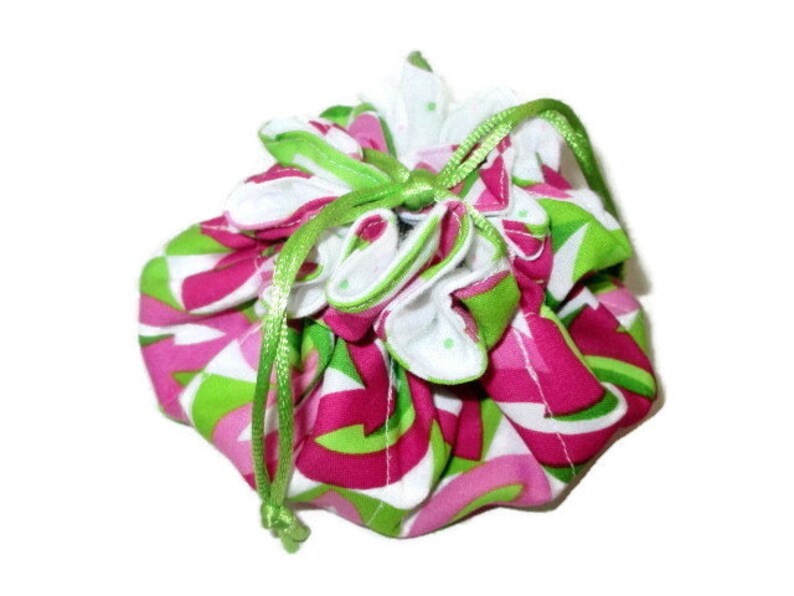 Lime Green Hot Pink Pinwheels with Green and Pink Polka Dot Flannel Drawstring Travel Jewelry Pouch Satchel