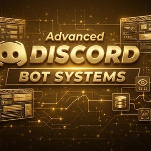 May include: A gold-toned digital graphic featuring the text Advanced DISCORD BOT SYSTEMS. The design includes a Discord logo, three interface windows, and various icons representing data, vision, video, and API connectivity on a dark background.