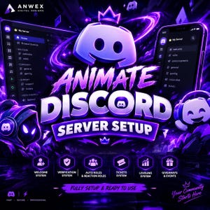 Op de afbeelding: Een digitale afbeelding voor een Anwex Discord server setup met het Discord logo, een mobiele interface en een desktop lay-out. Het ontwerp gebruikt een paars en zwart kleurenschema met de tekst Animate Discord Server Setup.