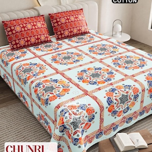 Boho Cotton Bedsheet 108x108 Inch | Indian Mandala Patchwork Bed Cover | Colorful Floral Print Bedding | Queen King Size Sheet Gift