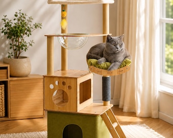 Modern Wood Cat Tree Condo with Bed, Scratching Post, Bubble Bowl, Ladder