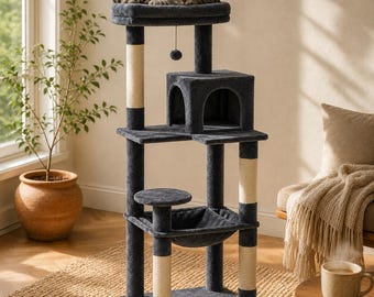Großer Katzenkratzbaum mit Höhle, Hängematte, Sisal-Kratzstämmen und oberem Bett