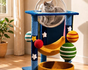 Space Theme Cat Tree, Bubble Bed, Hammock, Hanging Toys, Cozy Basket