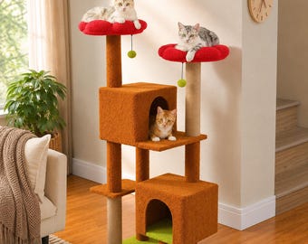 Großer Katzenkratzbaum, zwei Katzenhöhlen, Blumenbeete, Sisal-Kratzstämme