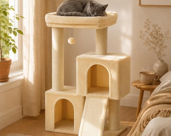 Beige Cat Tree for Large Cats, 45 Inch Tower with Condos, Scratching Posts, Ramp