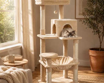 Großer Katzenkratzbaum mit Hängematte, Höhle, Kratzstämmen und oberem Bett