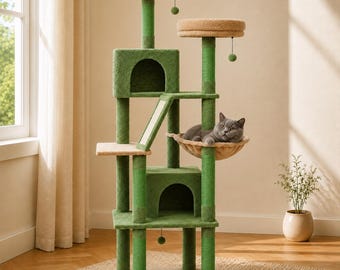 Árvore para Gatos Verde com Torre, Rede, Postes para Arranhar, Poleiros Duplos e Casinhas Aconchegantes