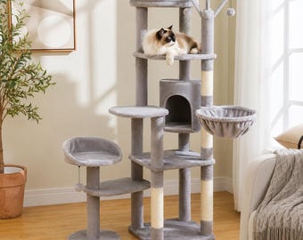 Large Gray Cat Tree Tower, Multi-Level Condo with Hammock, Scratching Posts