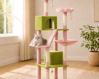 Pink Green Cat Tree Condo with Hammock, Flower Perches, Sisal Posts