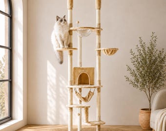 Justerbart klösträd från golv till tak, beige hängmattorn för lägenheter i flera nivåer